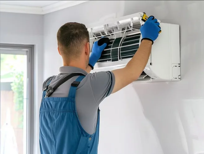Technician model inspecting the filter area of a wall-mounted indoor air unit